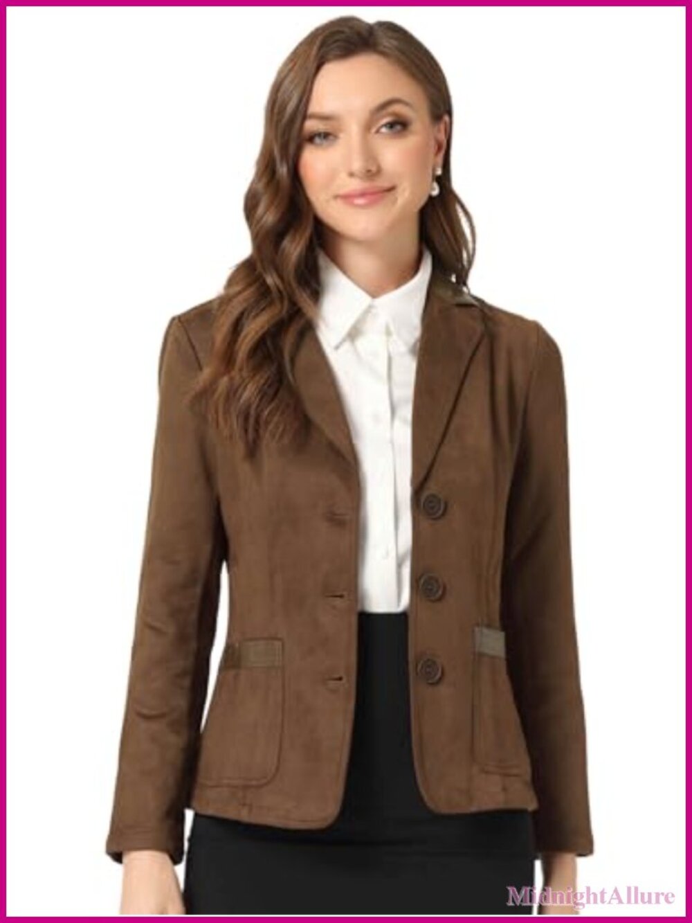 Faux Suede Blazer Jacket Button Front Lapel Collar Business Casual